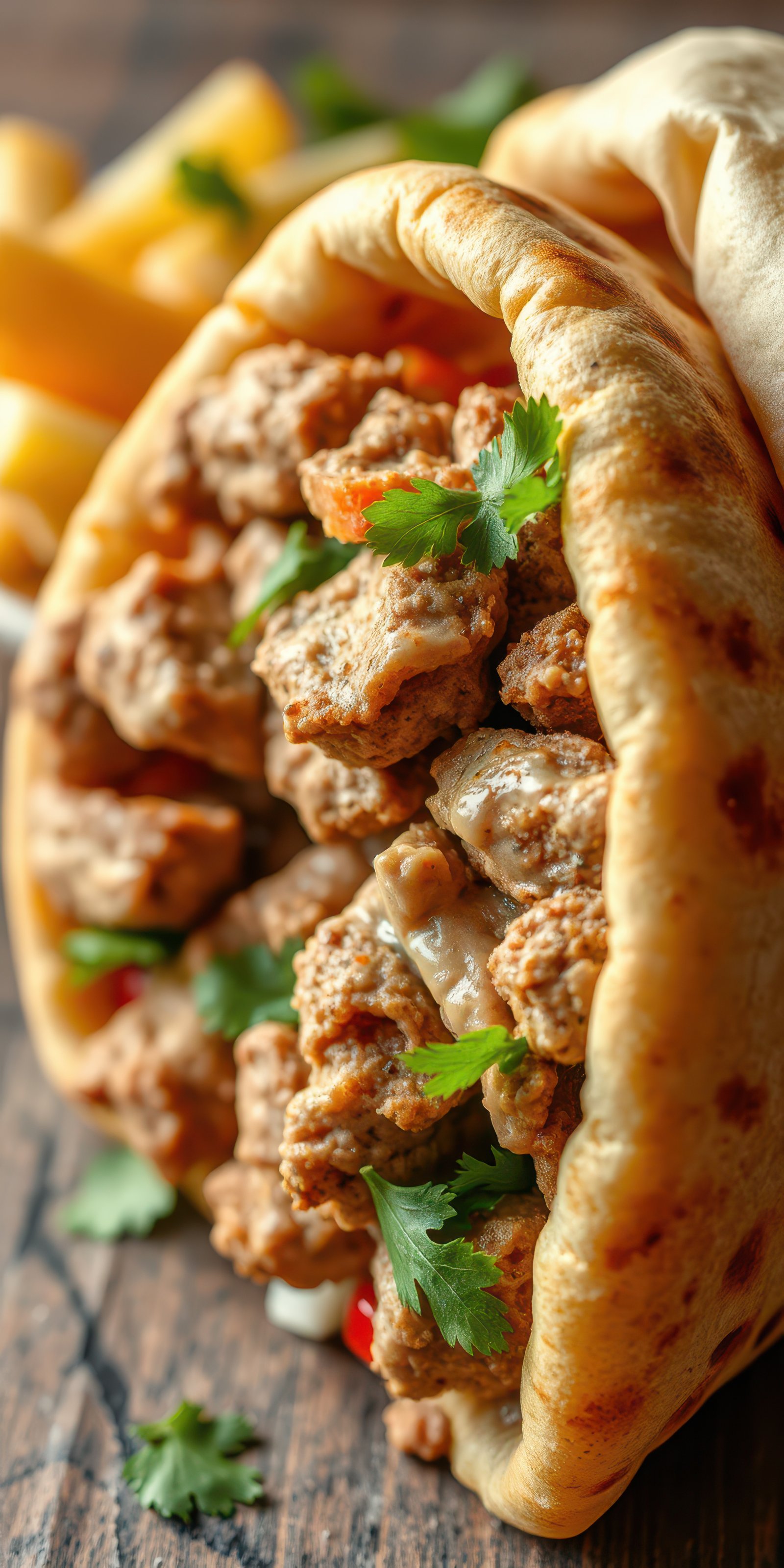 Delicious pita filled with seasoned meat and fresh herbs on a wooden table
